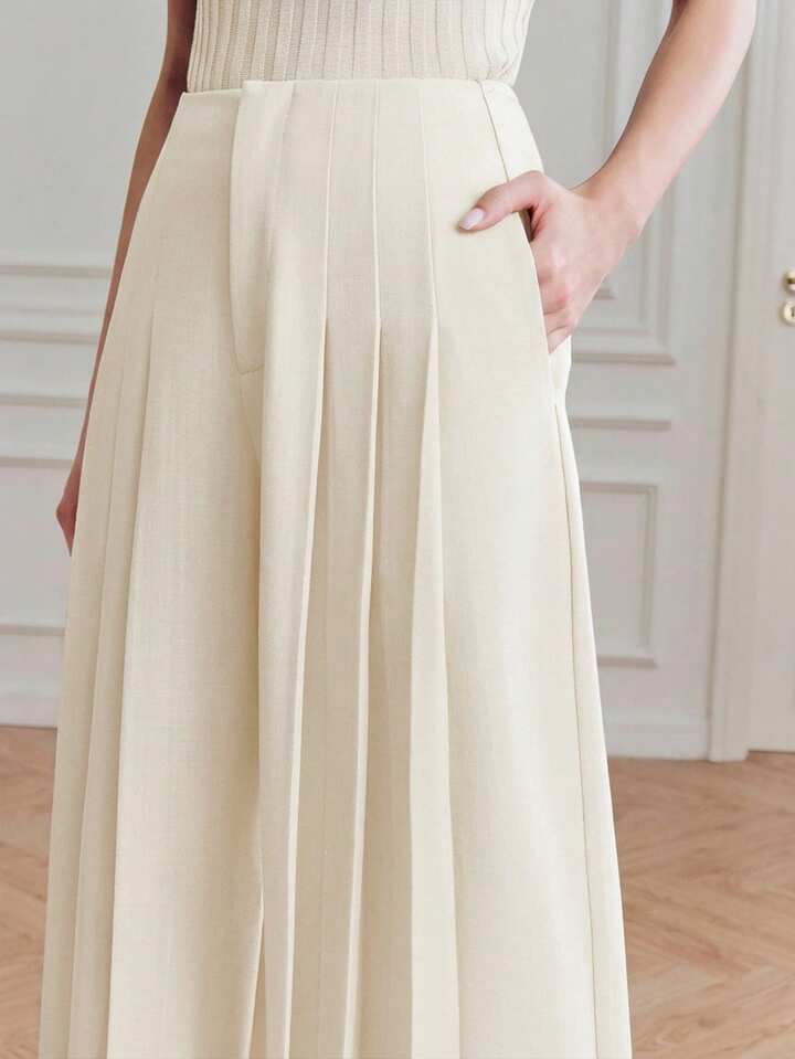 CM-BS083004 Women Elegant Seoul Style High Waist Loose Draping Wide Leg Pants - Apricot