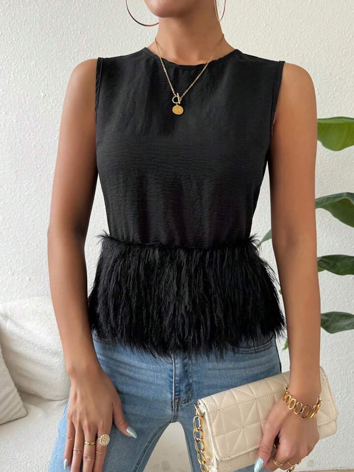 CM-TS005116 Women Casual Seoul Style Round Neck Sleeveless Loose Furry Hem Blouse- Black