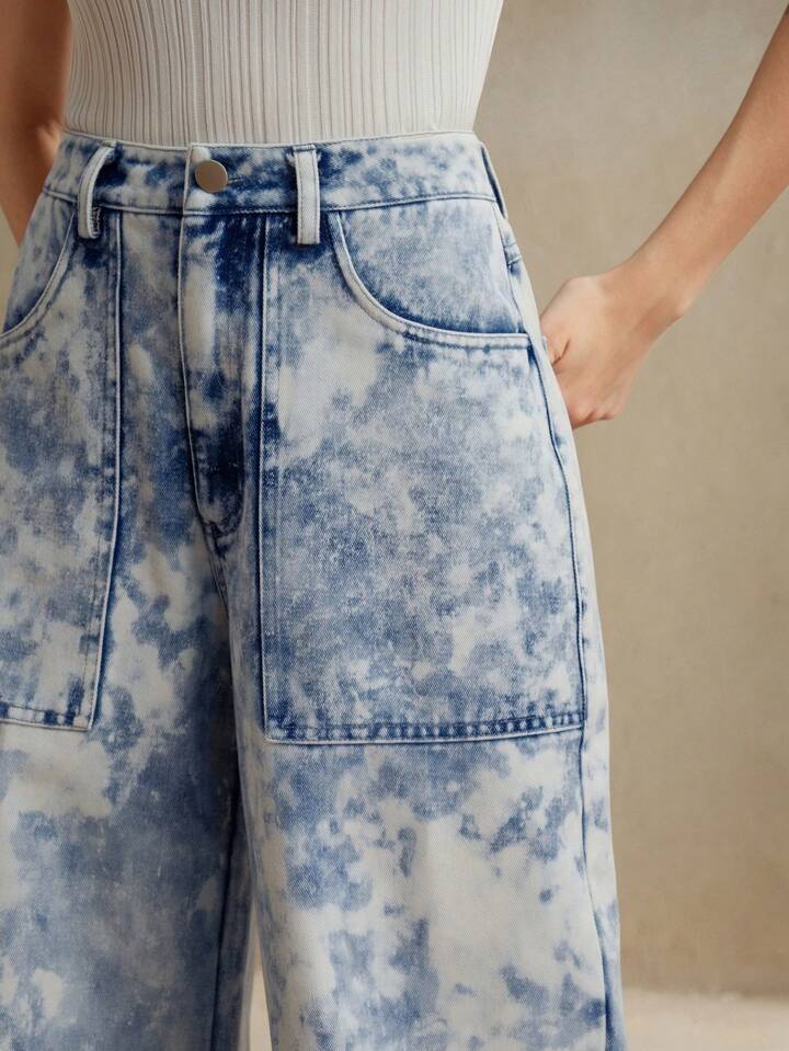 CM-BS002282 Women Elegant Seoul Style Light Wash Mid Waist Batik Tie-Dye Straight Leg Pants