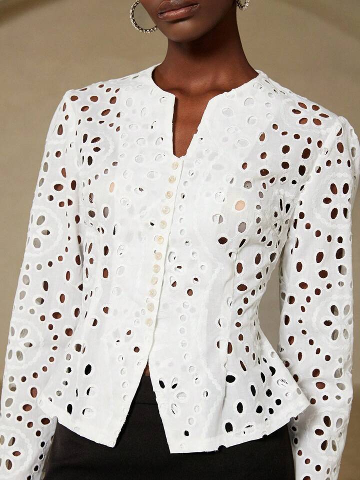 CM-TS807955 Women Trendy Bohemian Style Embroidery Hollow Out Round Neck Flowy Long Sleeve Blouse - White