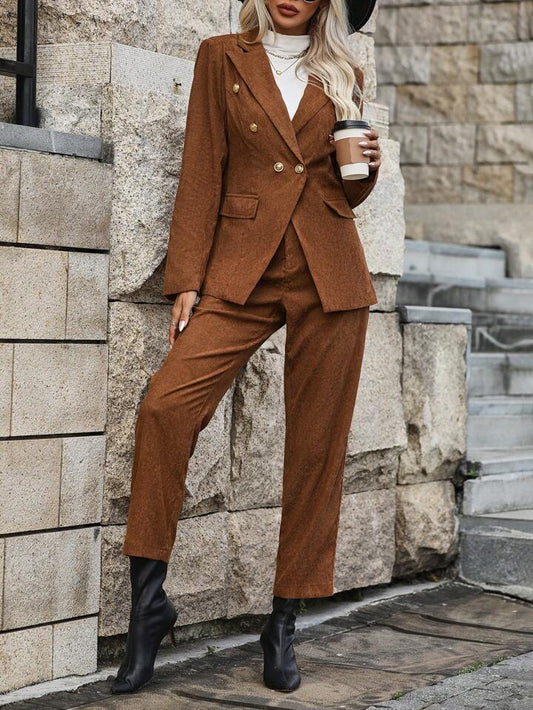CM-SS622519 Women Elegant Seoul Style Double-Breasted Long Sleeve Blazer With Pants Suit - Brown