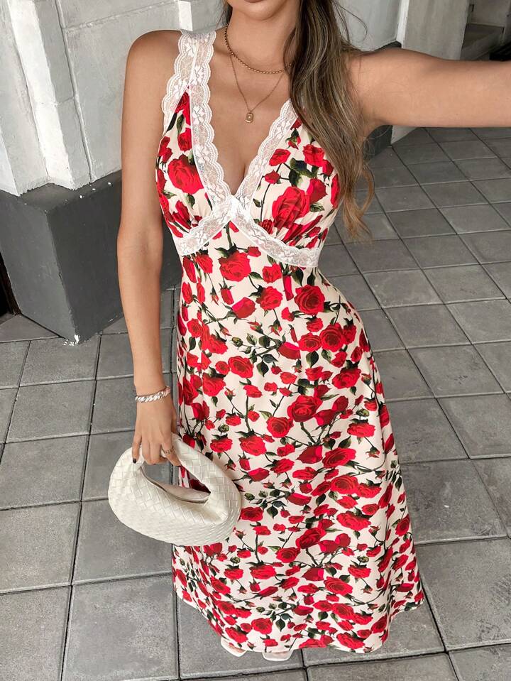 CM-DS793321 Women Casual Seoul Style Lace Panel Floral Print V-Neck Sleeveless Dress