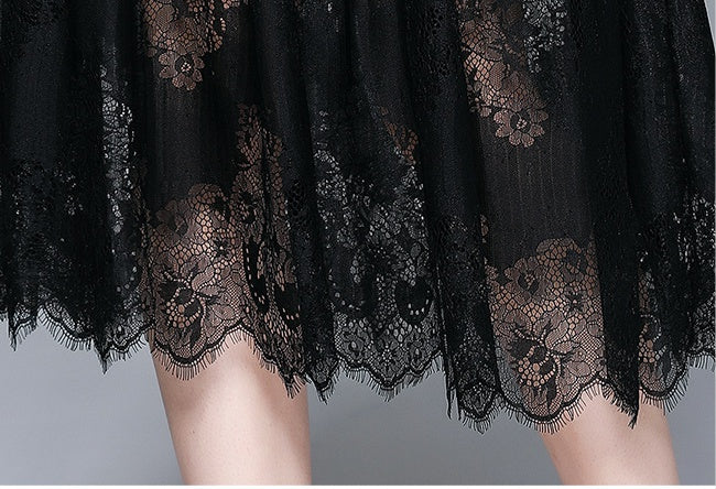 CM-DY063565 Women Elegant European Style Stand Collar Short Sleeve Pinched Waist Midi Dress - Black