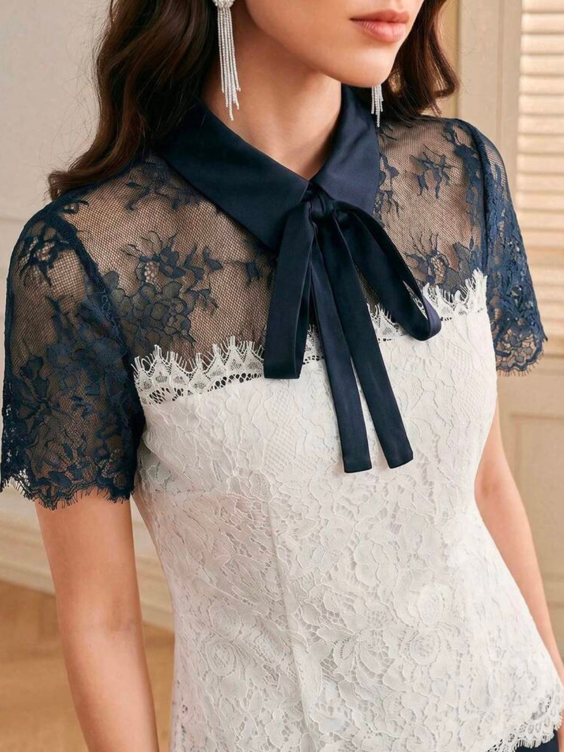 CM-TS067772 Women Elegant Seoul Style Collar Tie Neck Short Sleeve Lace Color Blocking Top - Blue