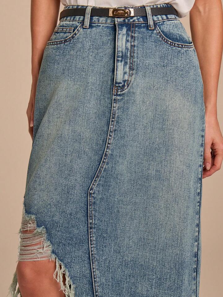 CM-BS347174 Women Casual Seoul Style Medium Wash High Waist Asymmetrical Hem Frayed Long Denim Skirt