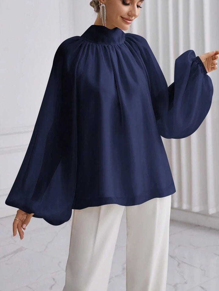 CM-TS940136 Women Elegant Seoul Style High Neck Lantern Sleeve Shirt - Navy Blue