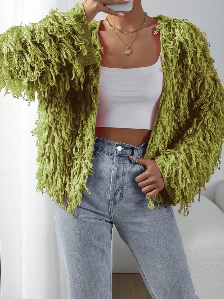 CM-CS902365 Women Casual Seoul Style Long Sleeve Shaggy Knit Duster Cardigan - Olive Green