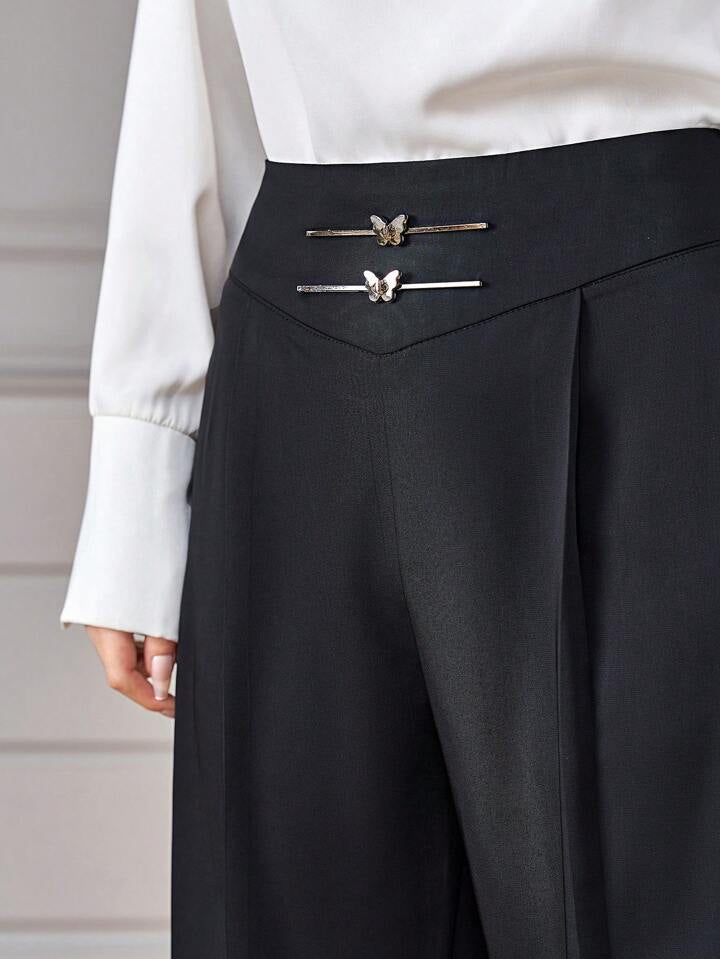 CM-BS166241 Women Casual Seoul Style Solid Color Metal Chain Decoration Straight Long Pants