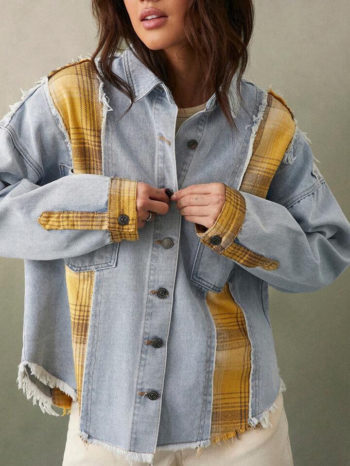 CM-CS424224 Women Casual Seoul Style Light Wash Collar Neckline Long Sleeve Colorblock Patchwork Denim Jacket