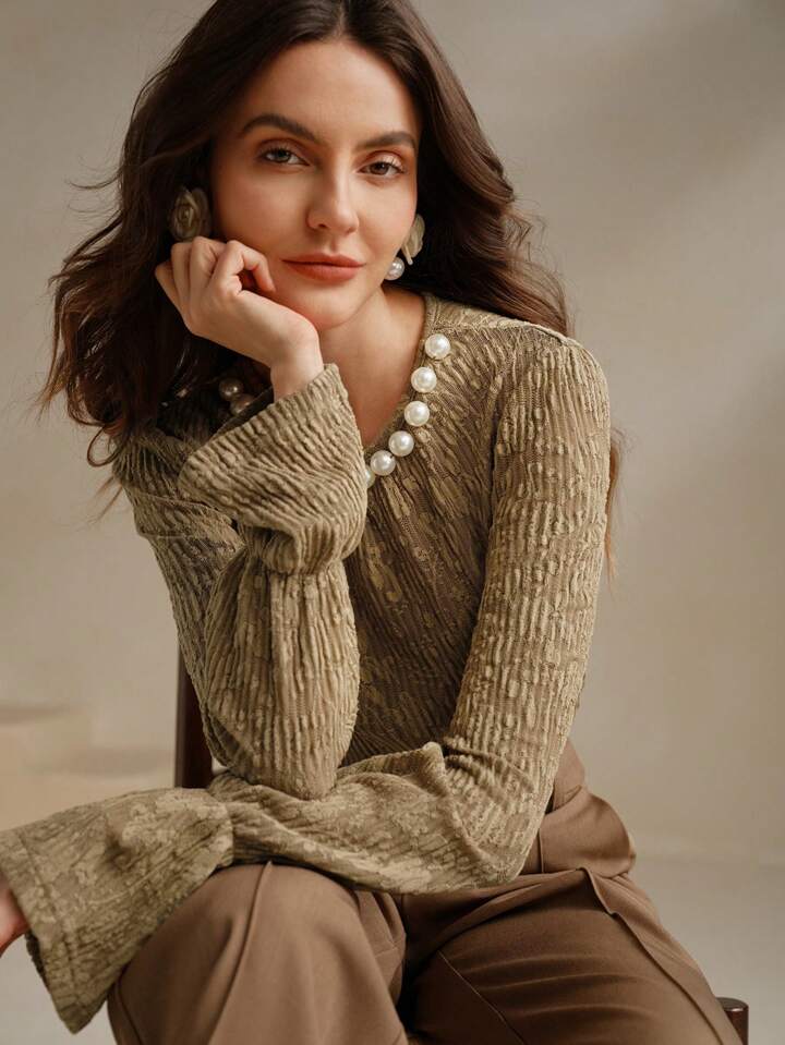 CM-TS591242 Women Elegant Seoul Style Pearl Collar V-Neck Bell Sleeve Textured Blouse Top - Khaki
