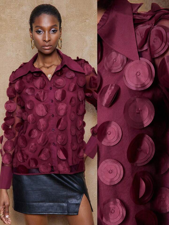 CM-TS787980 Women Elegant Seoul Style Mesh Hollow Floral Petal Collar Button Down Long Sleeve Blouse - Burgundy