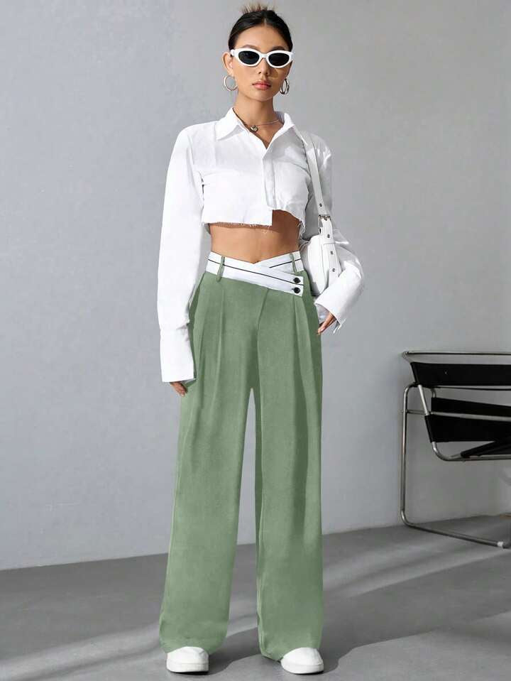 CM-BS115964 Women Casual Seoul Style Asymmetrical High Waist Straight Leg Pants - Green