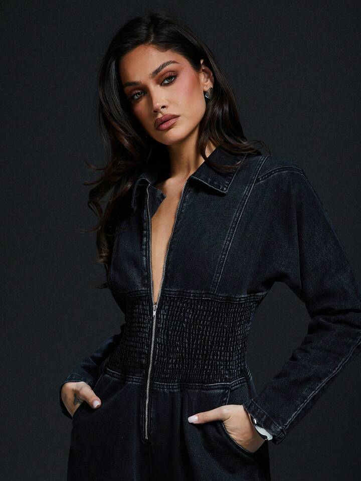 CM-JS488882 Women Casual Seoul Style Solid Color Front Zipper Long Sleeve Pocket Jumpsuit - Black