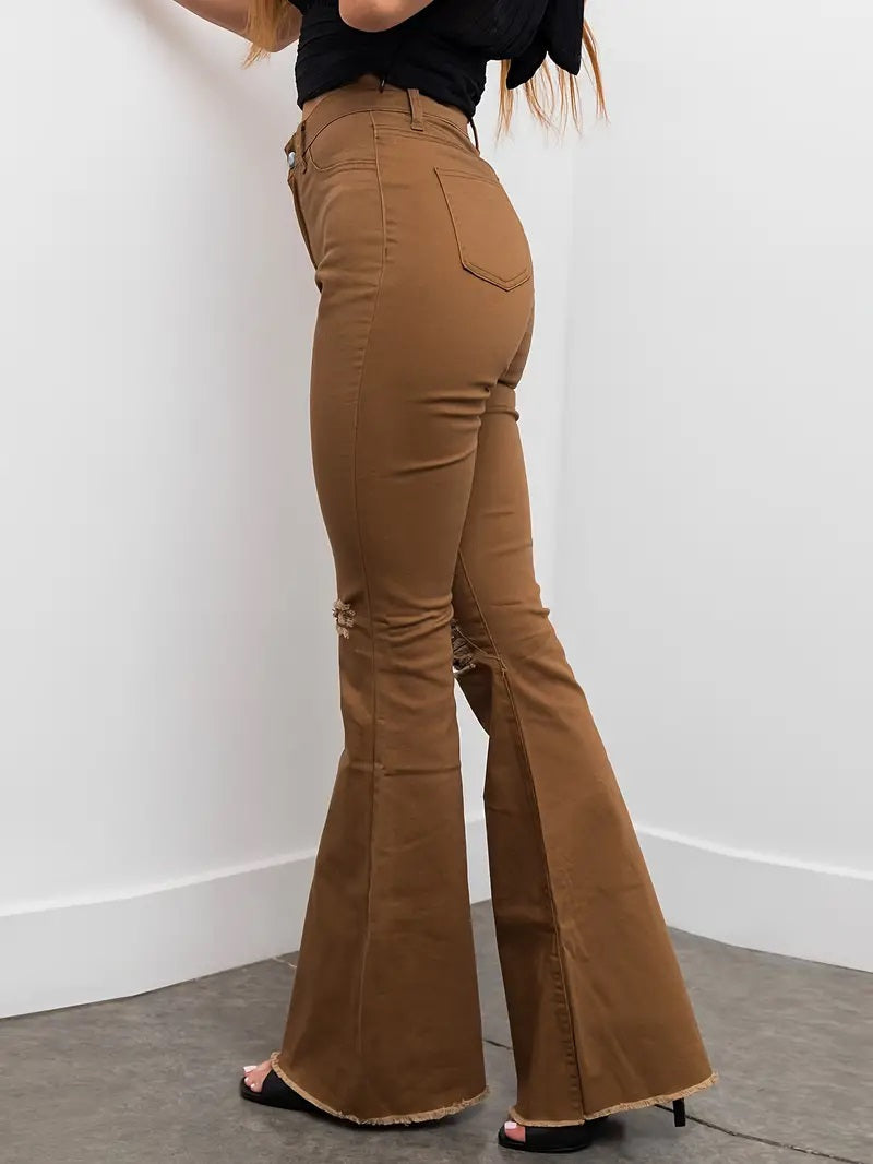 CM-BT042184 Women Casual Seoul Style Mid Waist Raw Trim Ripped Flare Jeans - Caramel