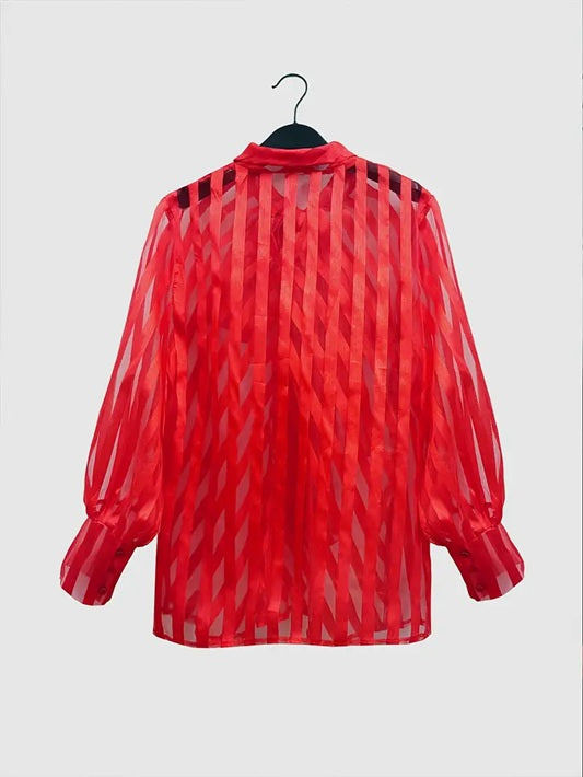 CM-TT744018 Women Elegant Seoul Style Tie Neck Bow Striped Puffy Sleeve Blouse - Red