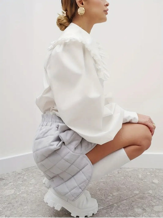 CM-TT720688 Women Casual Seoul Style Solid Color Asymmetrical Wide Shoulder Puff Sleeve Blouse
