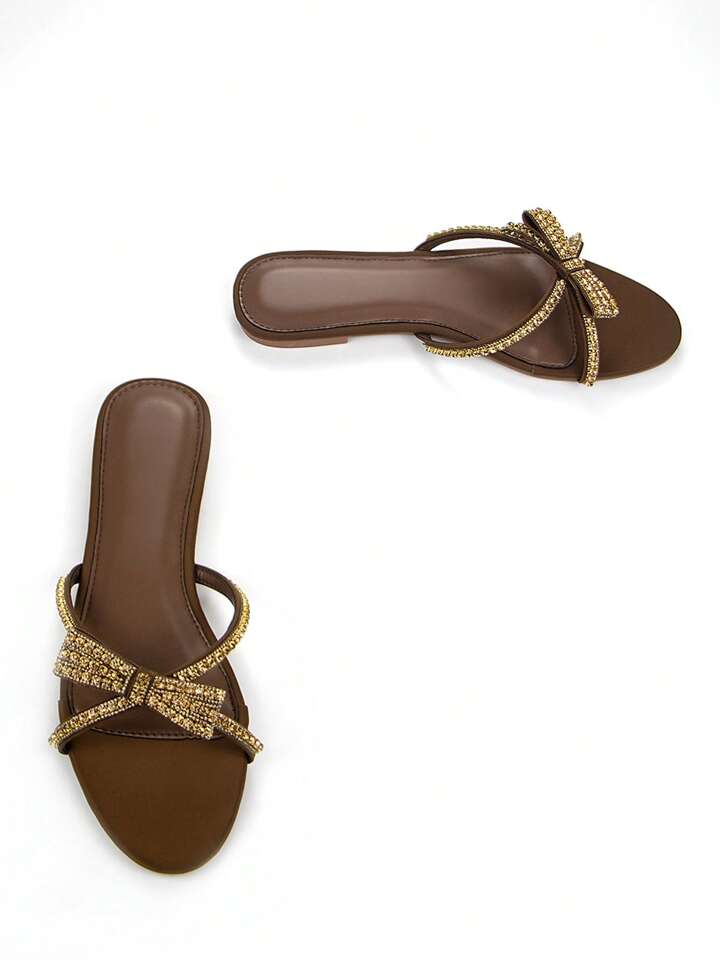 CM-SHS469979 Women Trendy Seoul Style Butterfly Rhinestone Chain Decor Slip-On Flat Mule Sandals - Brown