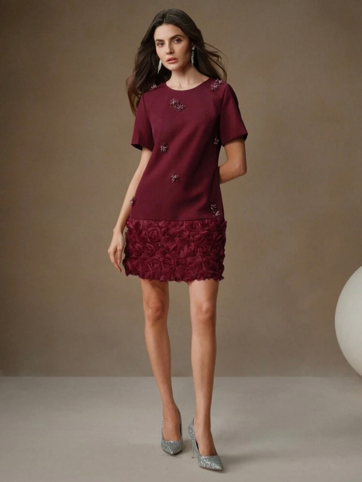 CM-DS620220 Women Elegant Seoul Style Round Neck Short Patchwork Rose Sequin Dress - Burgundy
