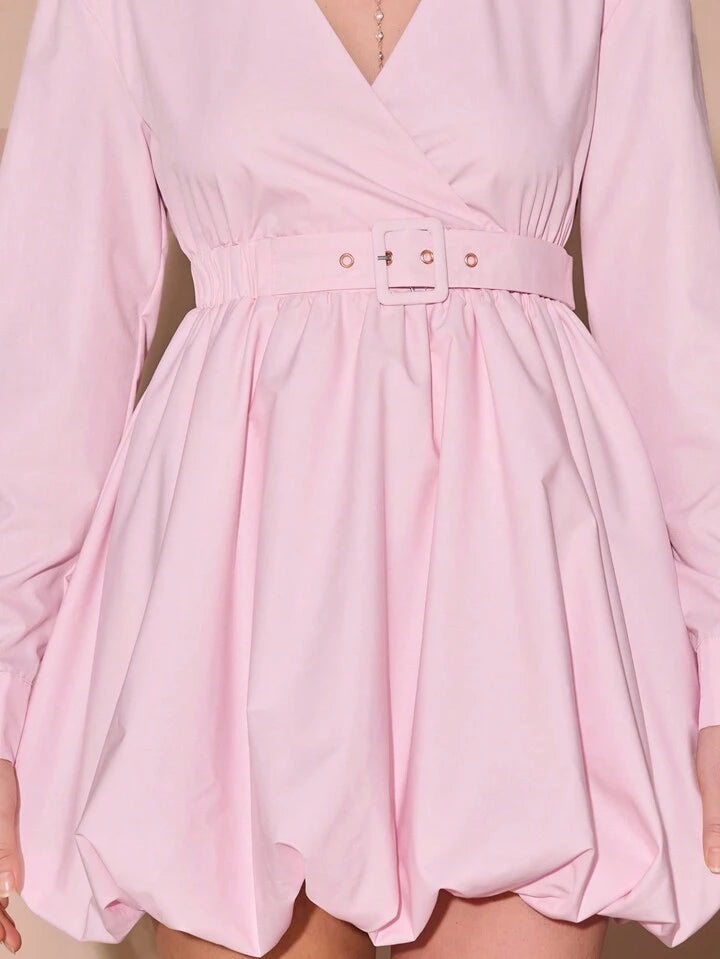CM-DS819228 Women Elegant Seoul Style V Neck Lantern Long Sleeve Front Waistband Puff Mini Dress - Pink