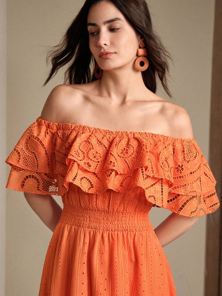 CM-DS642728 Women Elegant Seoul Style Hollow-Out Embroidered Lace Off-Shoulder Dress - Orange