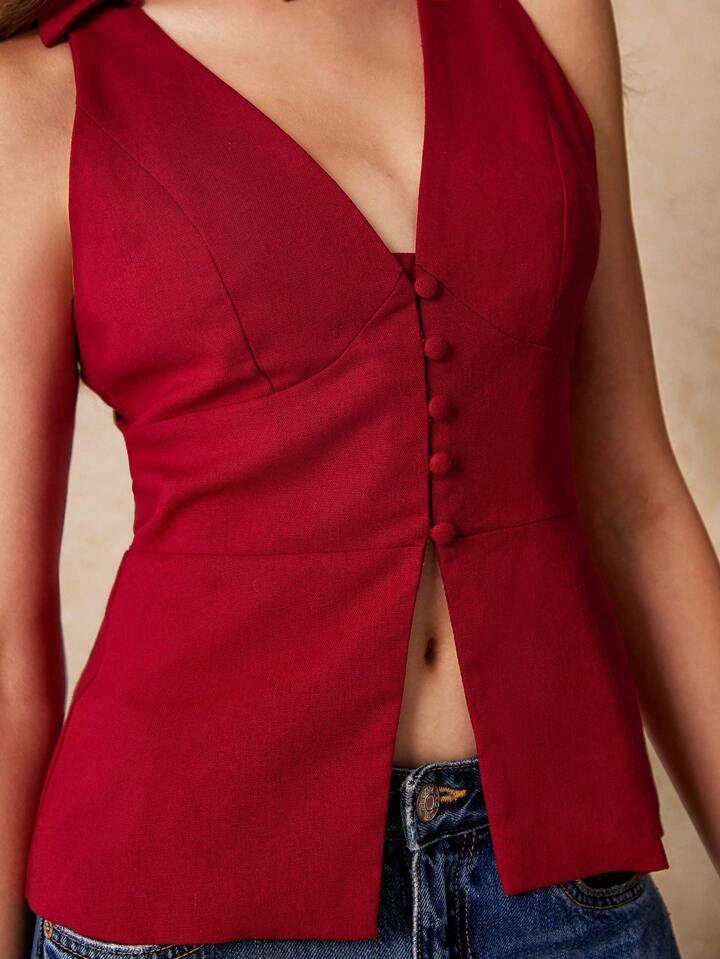 CM-TS431937 Women Casual Seoul Style V-Neck Sleeveless Buttoned Slits Shirt - Rose Red