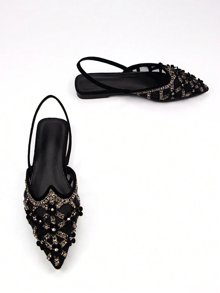CM-SHS420577 Women Trendy Seoul Style Rhinestone And Rivet Embellished Floral Decor Pointed Toe Slingback Flat Sandals - Black