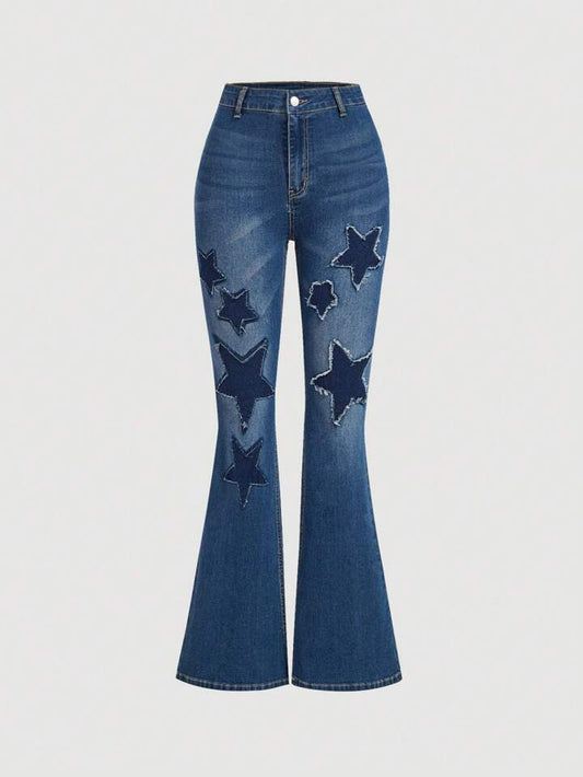 CM-BS310835 Women Casual Seoul Style Drop Waist Star Patches Flare Jeans - Blue