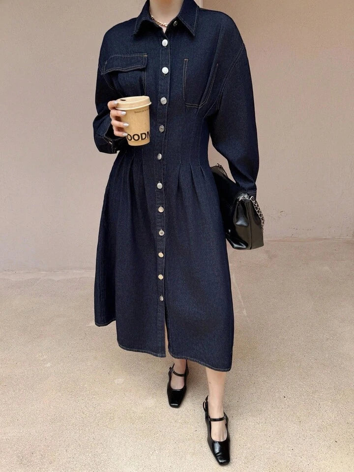 CM-DS911860 Women Casual Seoul Style Dark Wash Collar Neckline Long Sleeve High Waist Midi Denim Dress