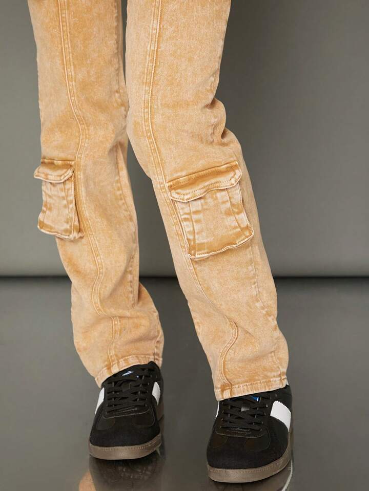 CM-BS124121 Women Casual Seoul Style Premium Denim Straight Leg Cargo Jeans - Khaki