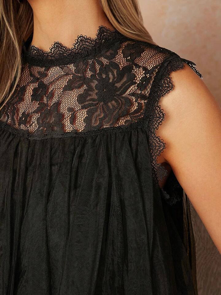 CM-TS312135 Women Casual Seoul Style Stand Collar Mesh Lace Patchwork Irregular Top - Black