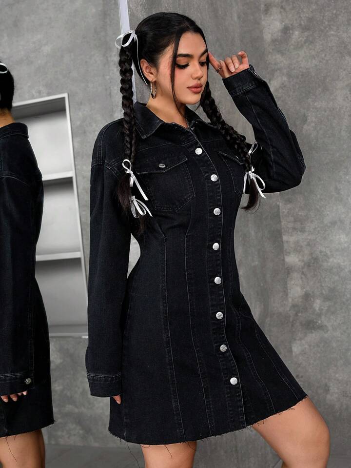 CM-DS623314 Women Casual Seoul Style Front Button Long Sleeve Pocket Short Denim Dress - Black