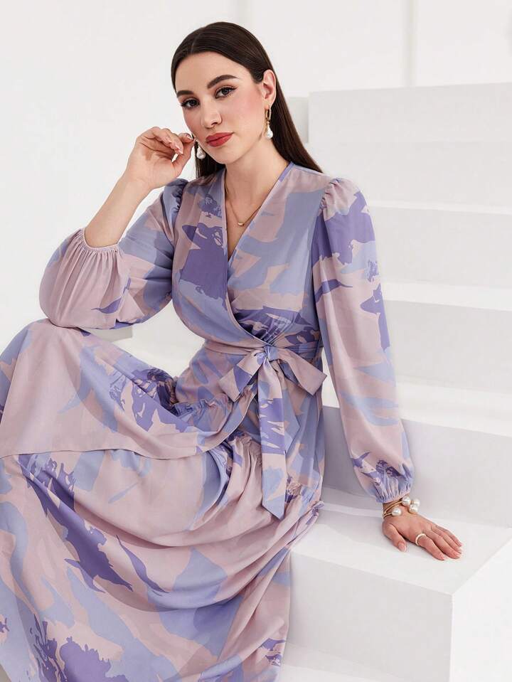 CM-DS911061 Women Elegant Seoul Style Allover Print Lantern Sleeve Belted Dress