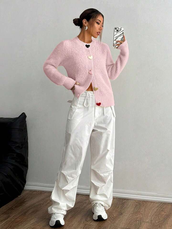 CM-CS106486 Women Casual Seoul Style Colorful Heart Button Front Cardigan - Pink