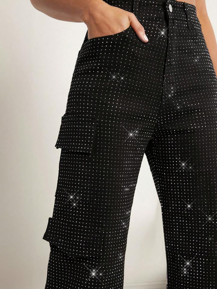 CM-BS557796 Women Elegant Seoul Style Rhinestone Flap Pocket Side Cargo Mid Ride Jeans - Black