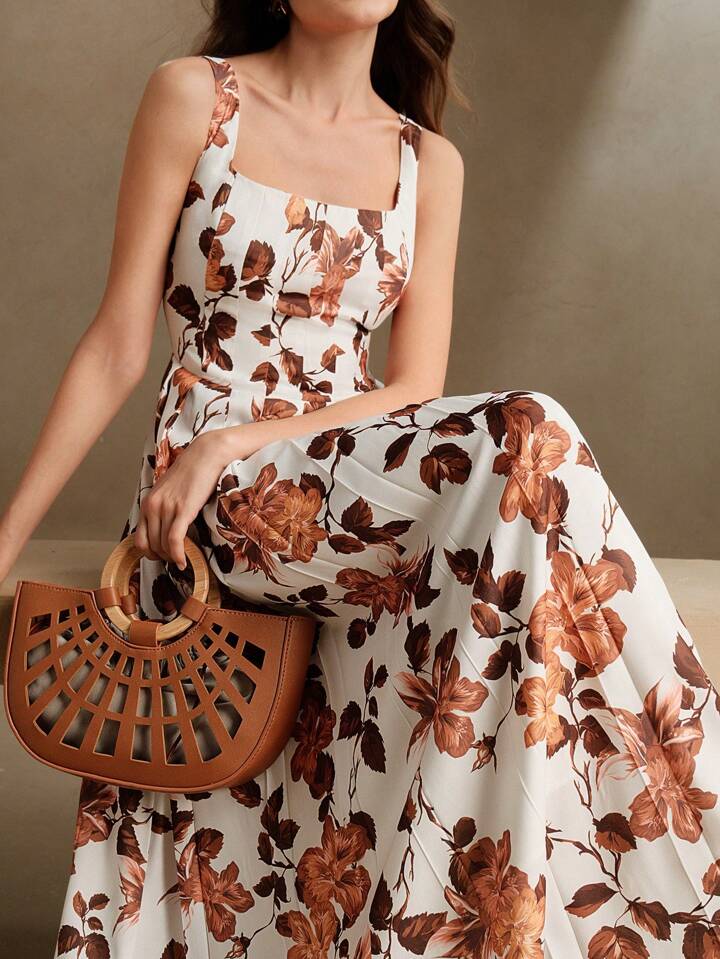 CM-DS918886 Women Elegant Seoul Style Floral Print Sleeveless High Waist Pleated Slip Dress - Khaki