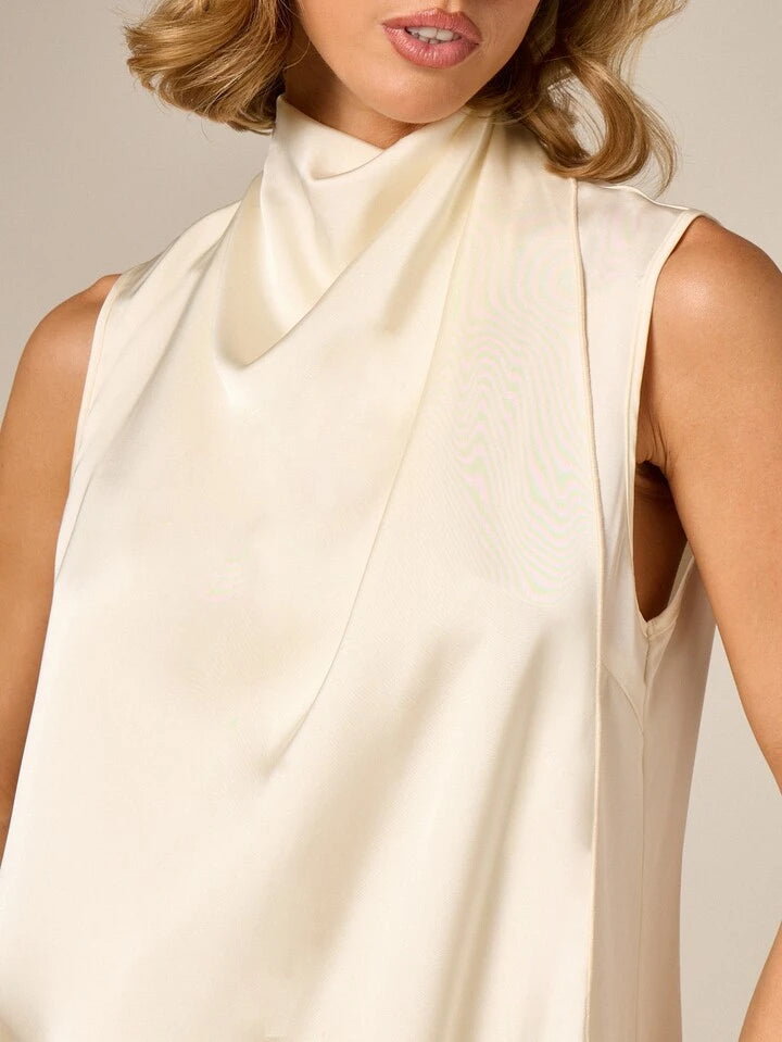 CM-TS197759 Women Elegant Seoul Style Satin Asymmetric Cowl Neck Sleevless Drape Blouse - Apricot