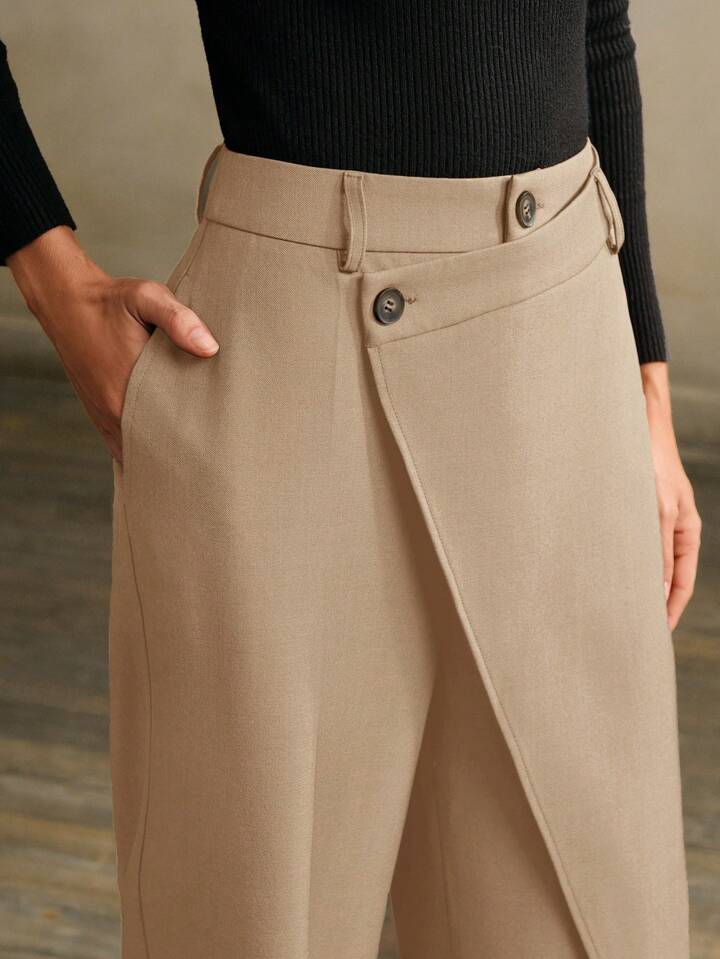 CM-BS366891 Women Elegant Seoul Style Asymmetrical Draping Cross-Wrap Pockets Straight-Leg Pants - Khaki
