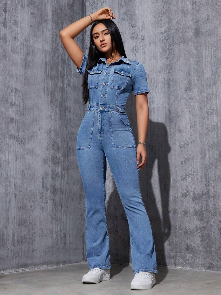 CM-JS187744 Women Casual Seoul Style Medium Wash Collar Neckline Button Fly Flared Legs Denim Jumpsuit