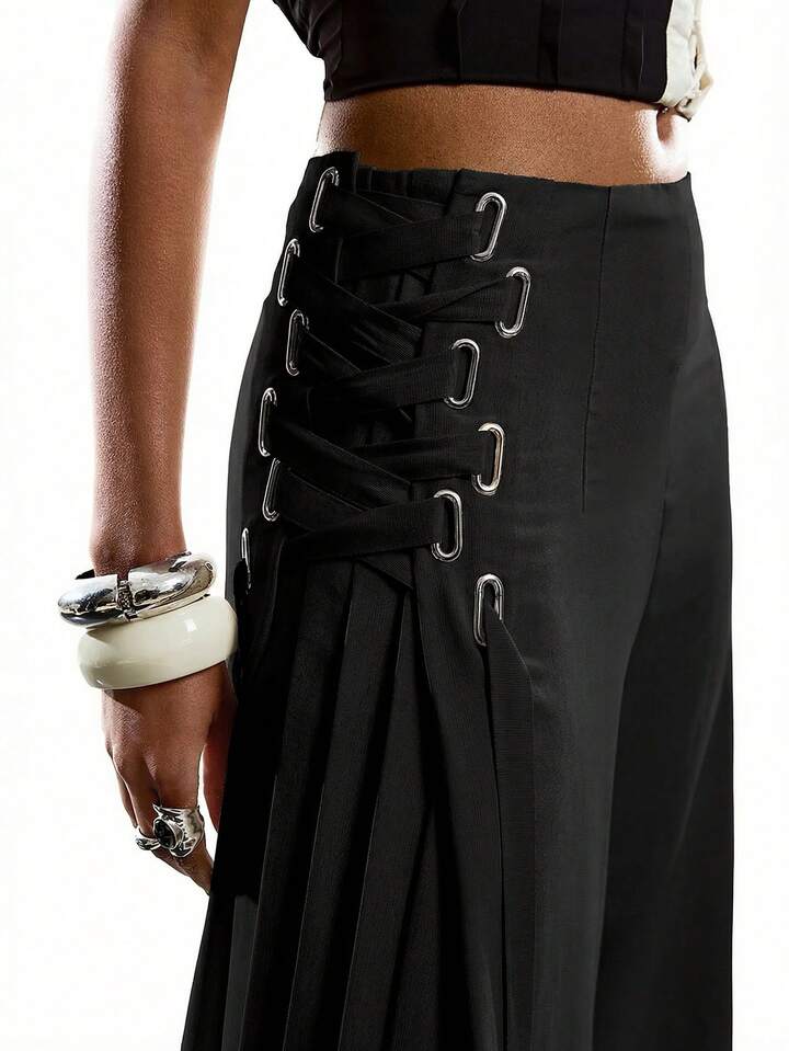 CM-BS550406 Women Casual Seoul Style Solid Color Minimalist Tie-Up Pants Dress Over Pants - Black