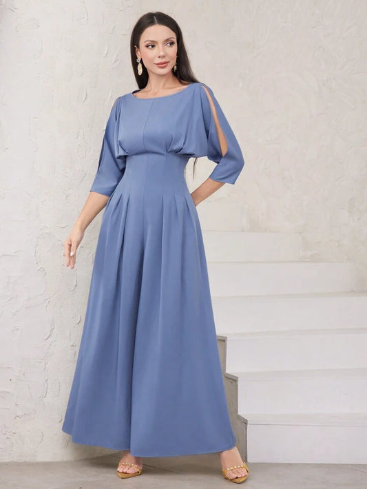 CM-JS521777 Women Elegant Seoul Style Hollow Out Sleeve Pleated Jumpsuit - Blue