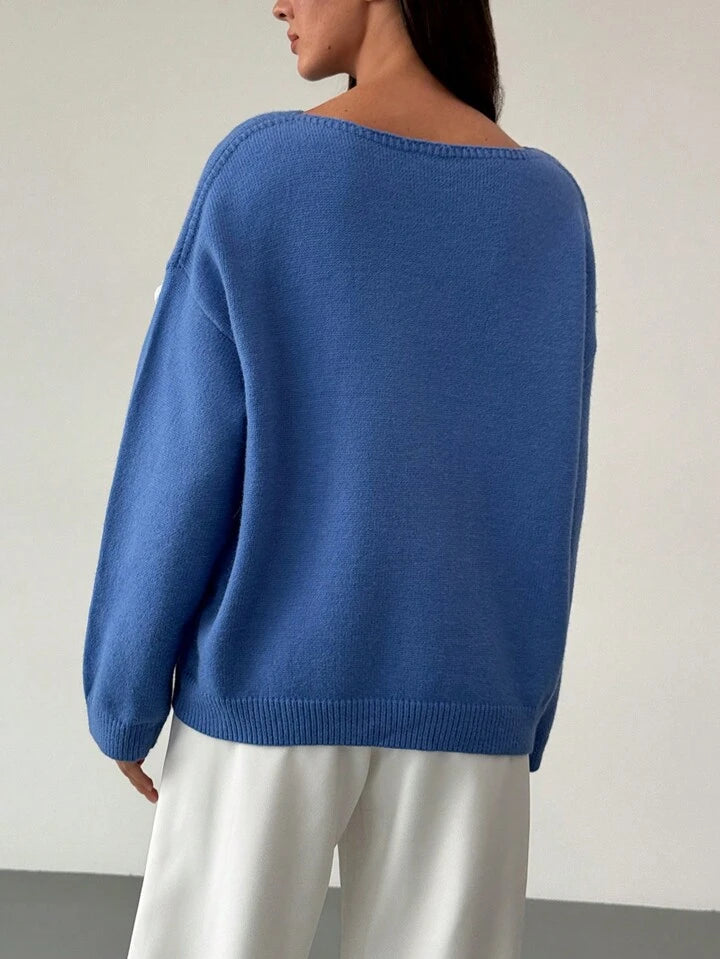 CM-CS548363 Women Casual Seoul Style 3D Floral Decoration Loose Fit Long Sleeve Sweater - Blue