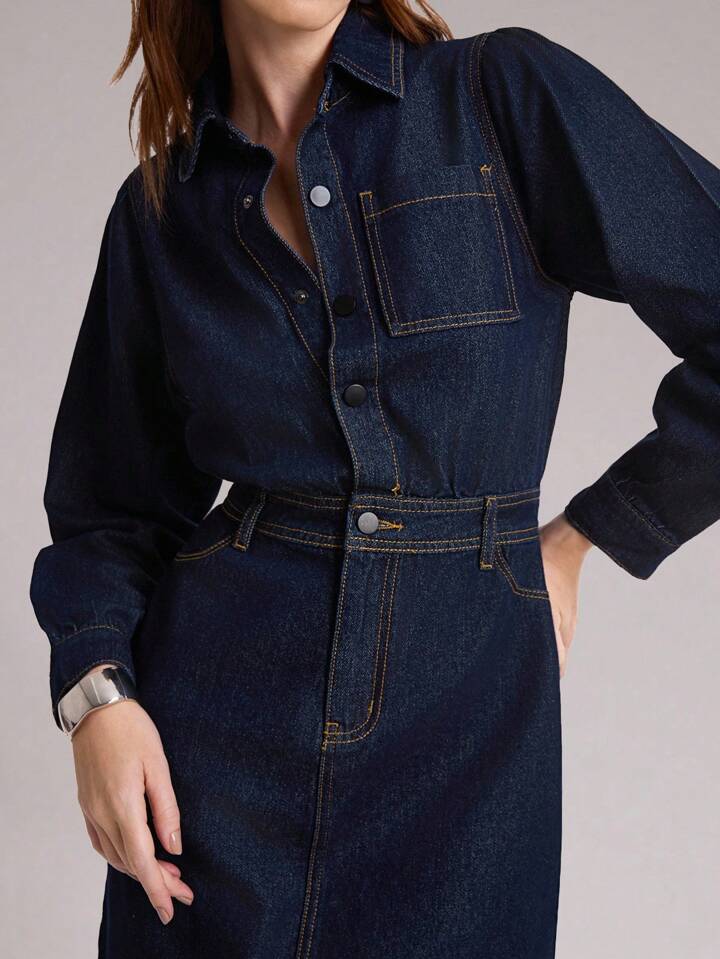 CM-DS437471 Women Casual Seoul Style Dark Wash Collar Neckline Long Sleeve Cinched Waist Denim Dress