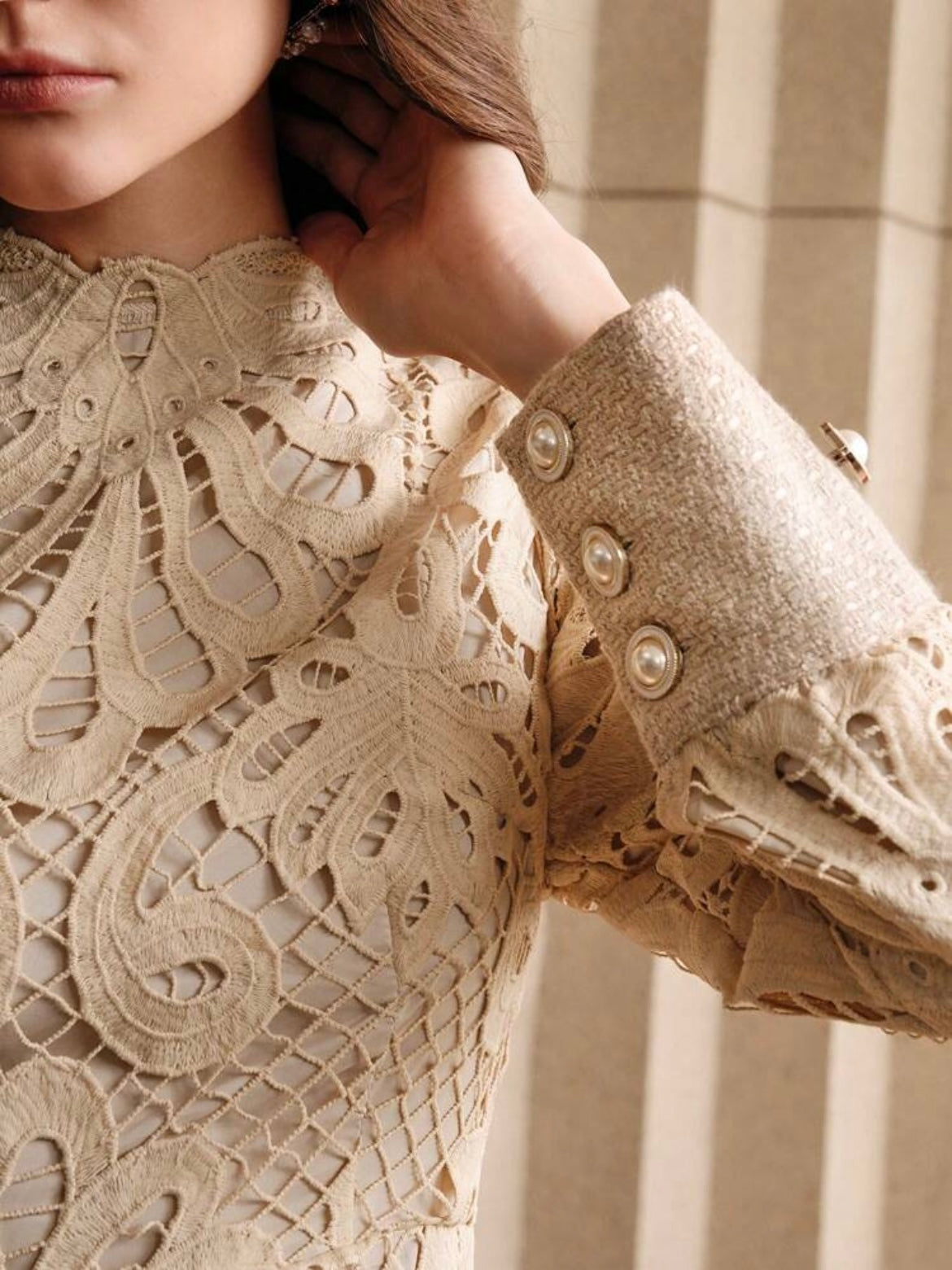 CM-DS588318 Women Elegant Seoul Style Stand Collar Long Sleeve Lace Patchwork Cheongsam Dress - Khaki