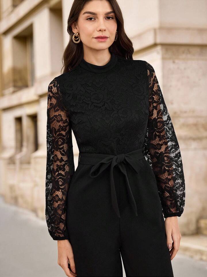 CM-JS699929 Women Elegant Seoul Style Contrast Lace Lantern Sleeve Belted Wide Leg Jumpsuit - Black