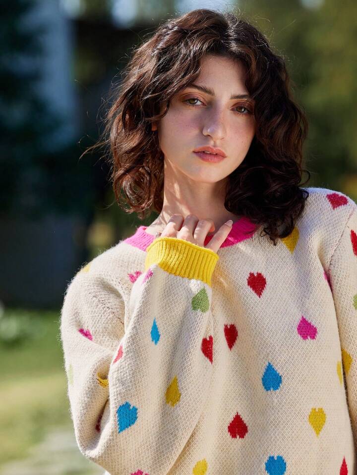 CM-CS199063 Women Casual Seoul Style Contrast Color Heart Pattern Crew Neck Long Sleeve Sweater