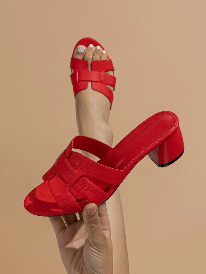 CM-SHS933187 Women Trendy Seoul Style Cut Out Chunky Heeled Sandals - Red