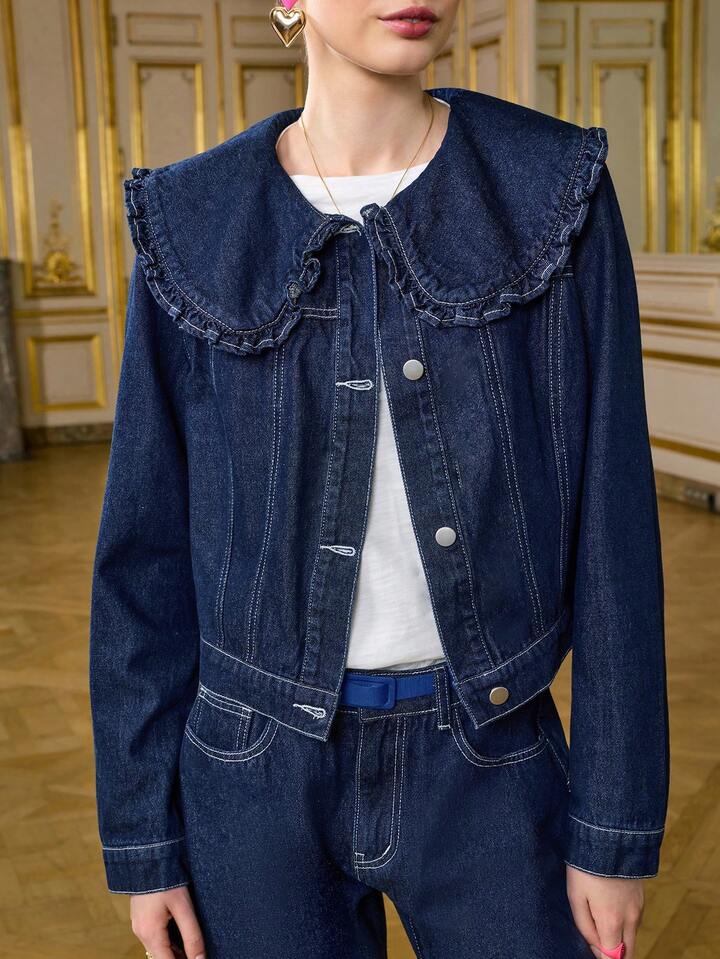 CM-CS053813 Women Casual Seoul Style Lapel Frill Trim Long Sleeve Loose Denim Jacket - Blue