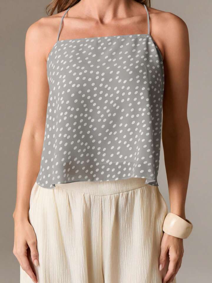 CM-TS322221 Women Casual Seoul Style Sheer Polka Dot Halter Back Tie Detail Sleeveless Blouse - Gray