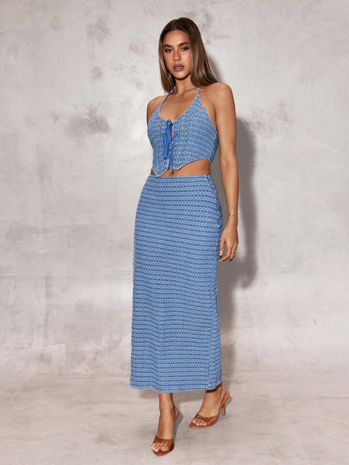 CM-BS720731 Women Casual Seoul Style High Waist Long Straight Denim A-Line Skirt - Blue