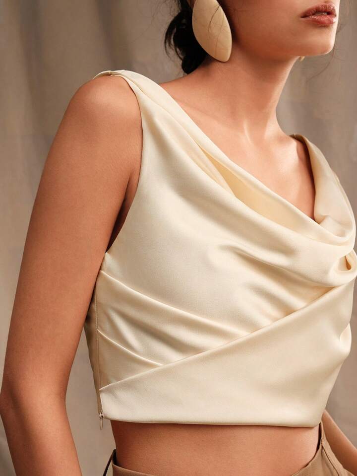 CM-TS599049 Women Casual Seoul Style Solid Color Drop Neck Sleeveless Shirt - Beige